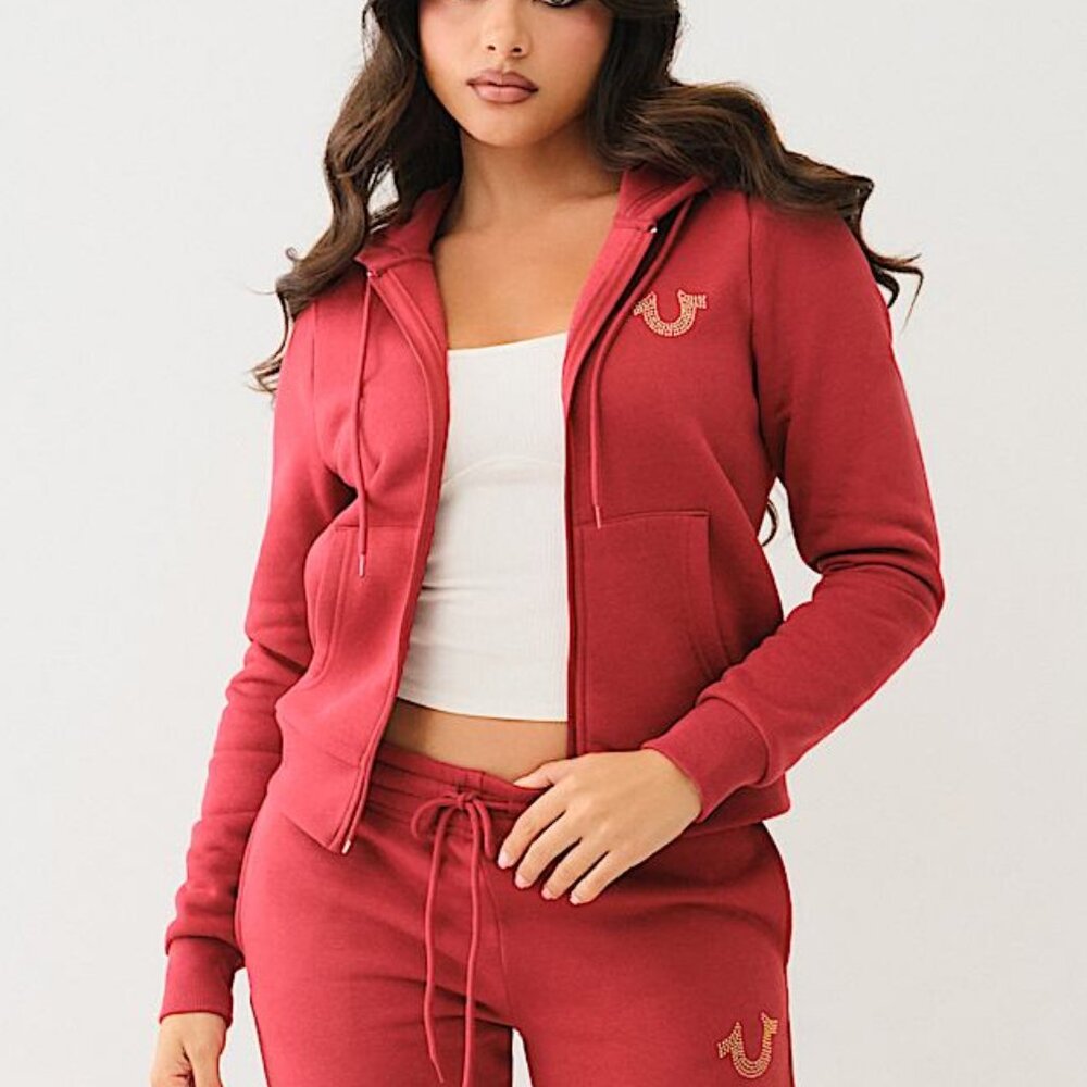 NWOT True Religion Metallic Logo Zip Hoodie - Dark Red - Size Medium